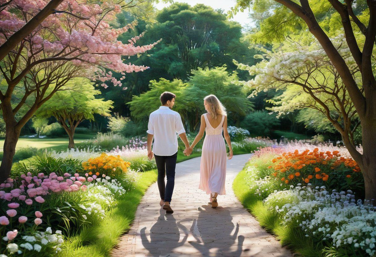 A couple walking hand in hand through a beautiful park filled with blooming flowers, symbolizing growth and connection. Their expressions convey warmth and understanding, while soft light filters through the trees. In the background, a winding path suggests the journey of love, with heart shapes subtly integrated into the scenery. soft pastel colors. romantic. dreamy.