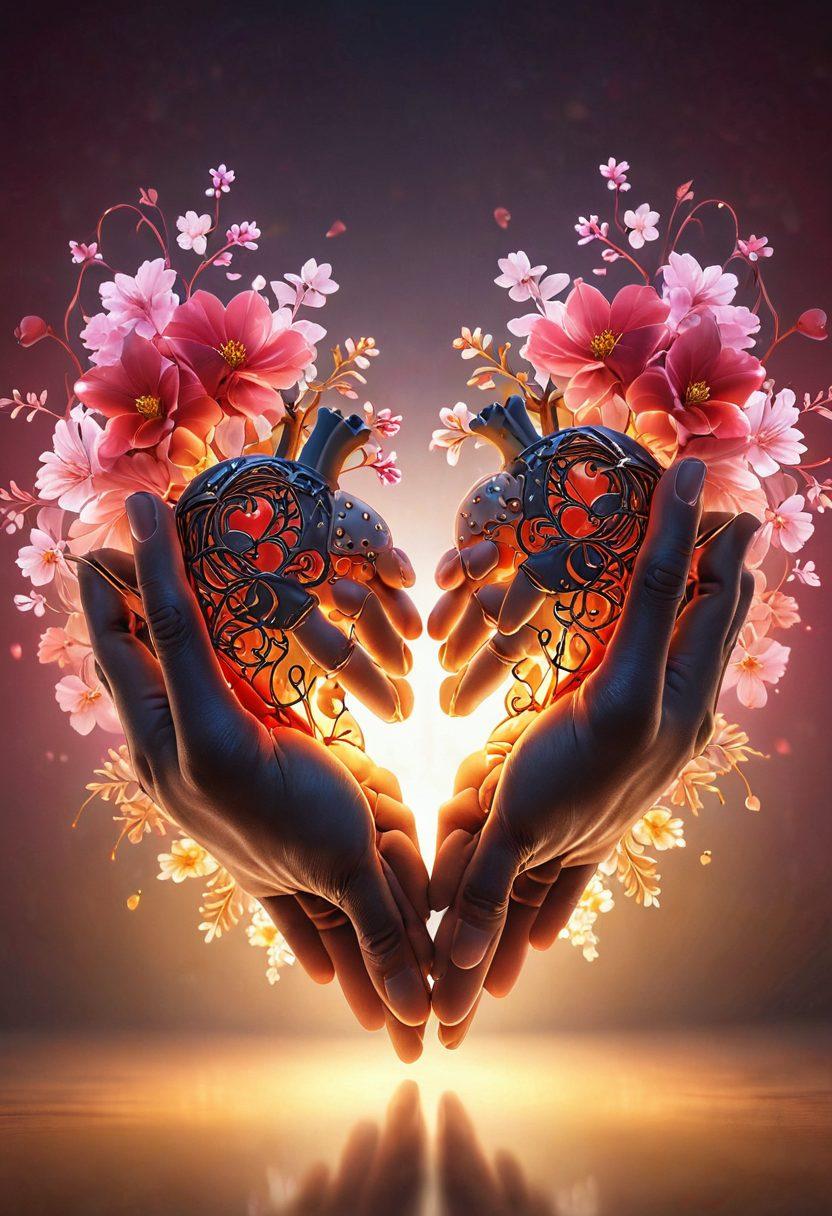 A beautifully intertwined pair of hearts surrounded by glowing keyholes, symbolizing secrets of love. Delicate flowers blooming around the hearts, representing growth and strength in relationships. Soft, warm lighting that radiates warmth and connection. Two hands reaching toward each other, fostering a sense of unity and support. The background is softly blurred to maintain focus on the hearts and keys. super-realistic. vibrant colors. soft focus.