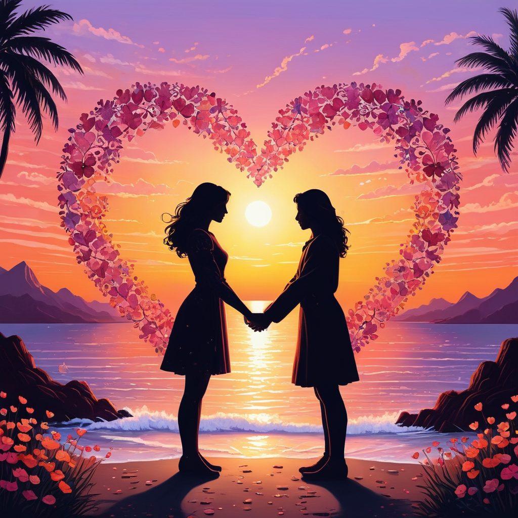 A whimsical illustration of two entwined hearts radiating warmth and light, surrounded by delicate keys symbolizing love and trust. Soft pastel colors, a romantic sunset in the background, and subtle floral motifs enhance the mood of passion and togetherness. Include silhouettes of a couple holding hands, gazing into each other's eyes. vibrant colors. dreamy. pixel art.